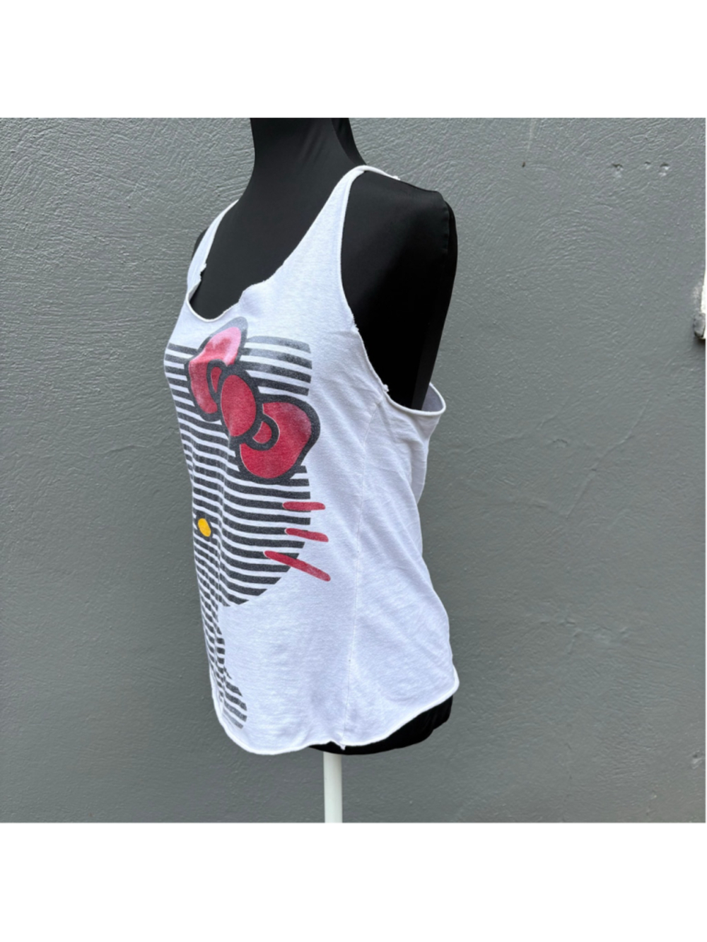 Hello Kitty Distressed Upcycled White Racerback Tank Top OS - Picture 3 of 9